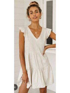 Abercrombie & Fitch Women's Beige Linen Blend V-Neck Short Sleeve Dress Size S